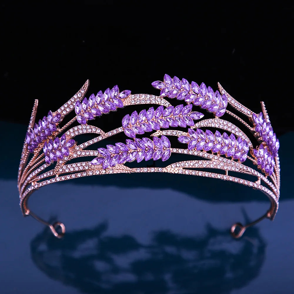 Baroque Purple Crystal Wheat Shape Crown Tiaras Wreath Headdress Wedding Rhinestone Prom Diadem Headpiece Women Hair Accessories - EUFASHIONBAGS