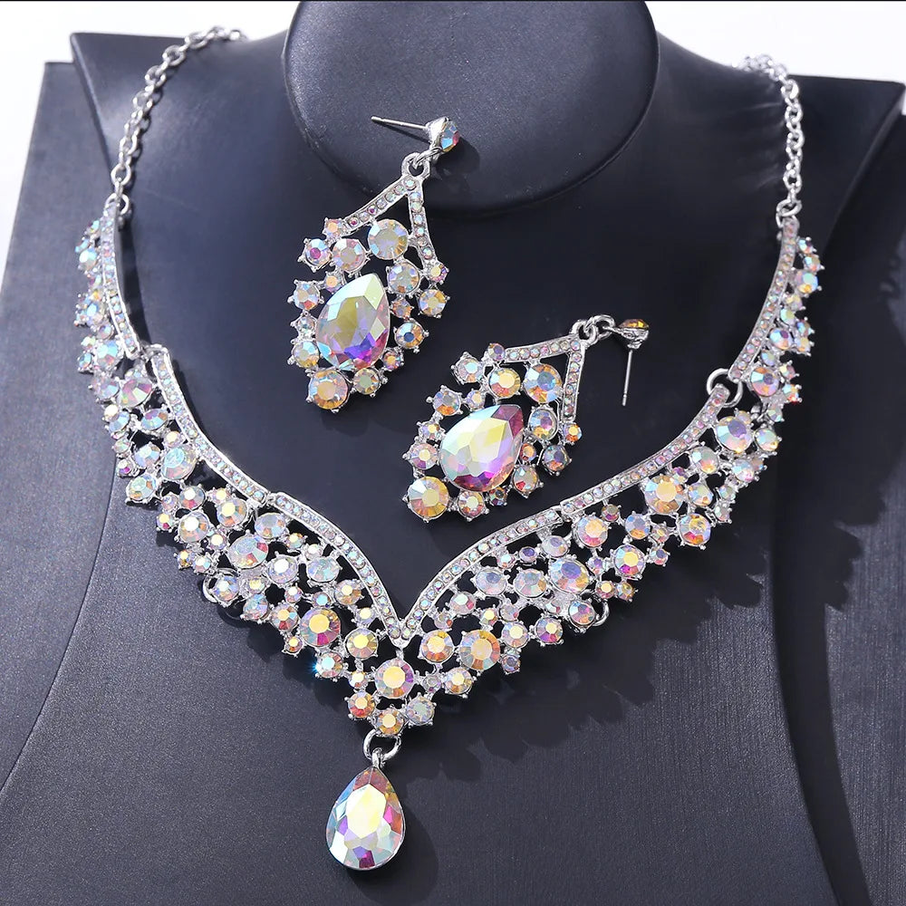 Exquisite Luxury Water Drop Crystal Bridal Jewelry Sets for Women Chokers Necklace Earrings Set Wedding Dress Dubai Jewelry Set - EUFASHIONBAGS