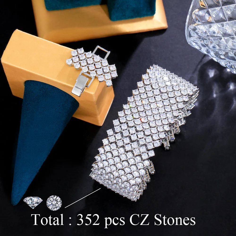 352pcs Round Cubic Zirconia Paved Chunky Statement Big Wide Luxury Tennis Bracelets for Wedding Bridal Jewelry - EUFASHIONBAGS