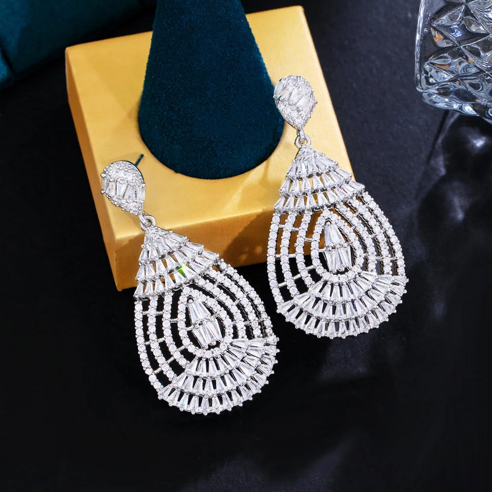 Glamorous White Cubic Zircon Paved White Gold Color Long Dangling Drop Brides Wedding Earring Jewelry for Women - EUFASHIONBAGS