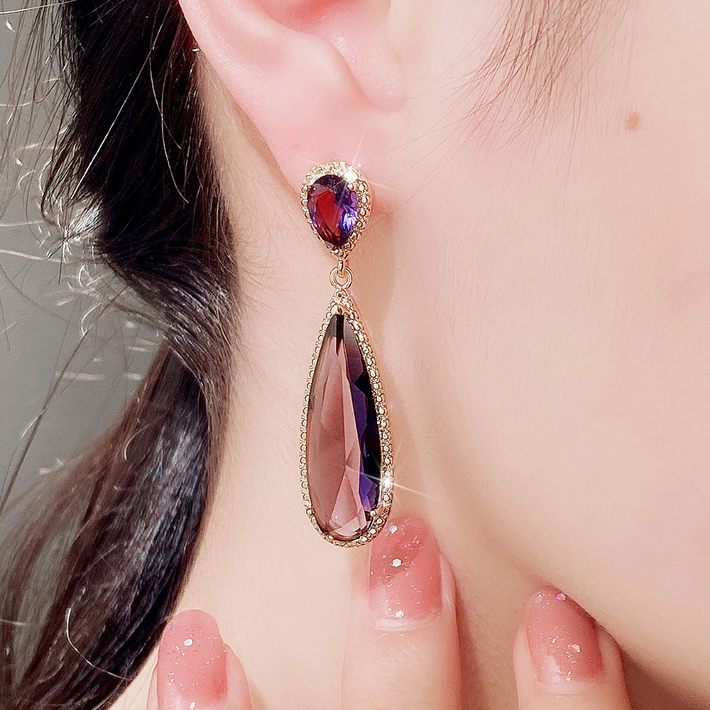 Green/Purple Long Water Drop Shape CZ Earrings for Women Temperament Elegant Lady's Dangle Earrings Wedding Love Jewelry - EUFASHIONBAGS