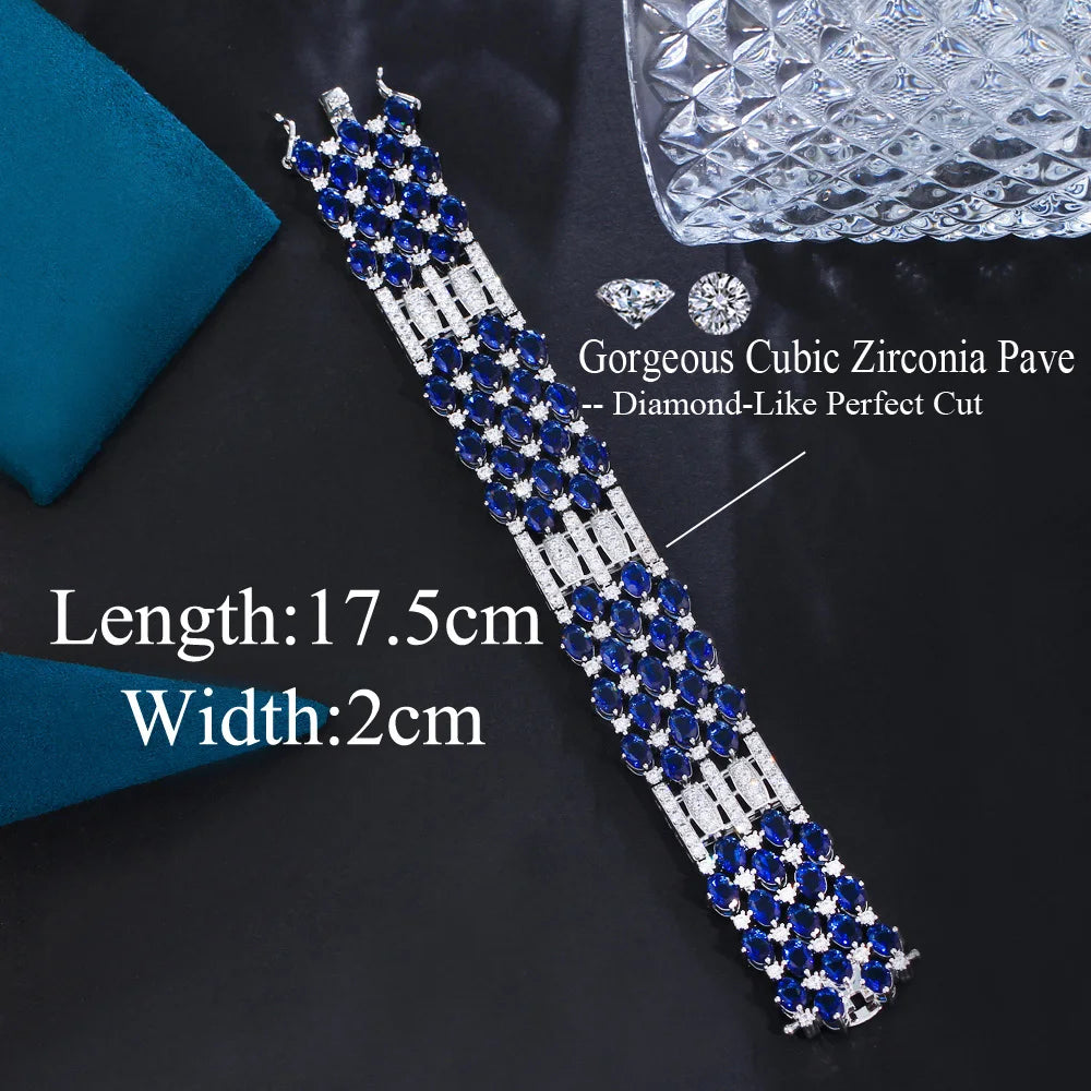 Glamorous Chunky Oval Round Royal Blue Cubic Zirconia Crystal Big Luxury Bracelets for Women Wedding Event