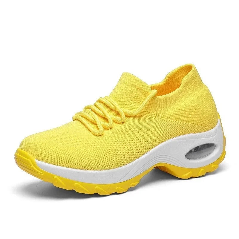 Women Tennis Shoes Air Cushion Red Sports Shoes High Heels Mesh Lace-up Female Sock Footwear Outdoor Thick Bottom Women Sneakers - EUFASHIONBAGS