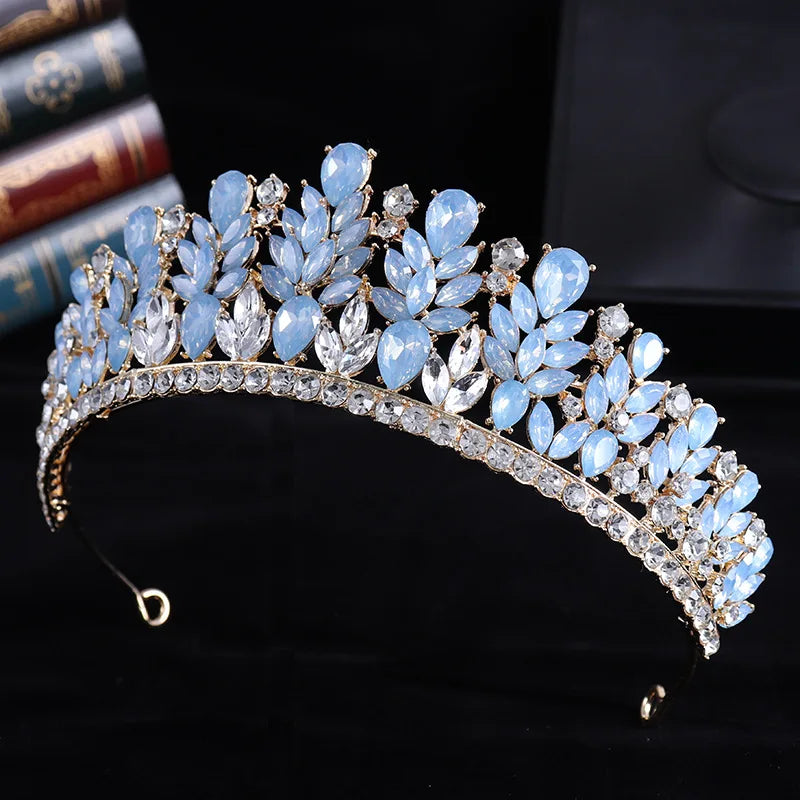 Luxury Blue Opal Crystal Flowers Water Drop Tiaras Crowns Women Headbands Wedding Party Elegant Pageant Diadem Hair Accessories - EUFASHIONBAGS