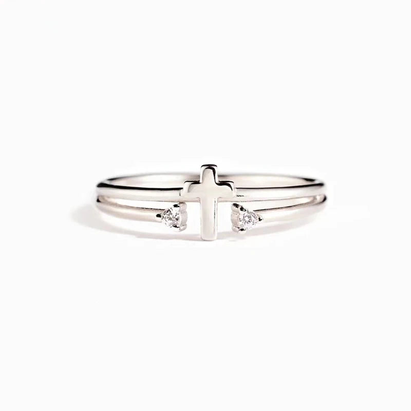 Chic Dainty Silver Color Cross Ring Female Fashion Finger Jewelry with Bright Cubic Zirconia Accessories for Daily Wear