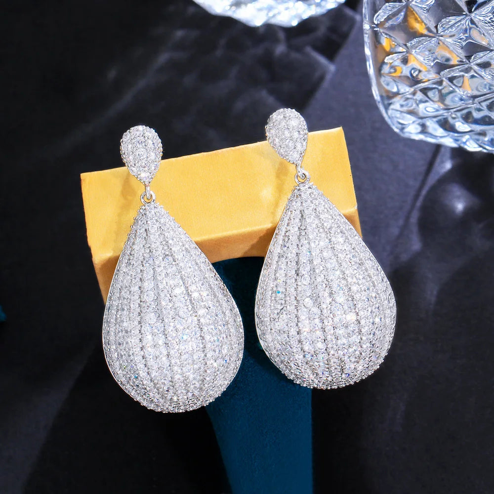 Shiny Full Cubic Zirconia Pave White Gold Color Long Dangling Big Water Drop Earring for Brides Wedding Pageant - EUFASHIONBAGS