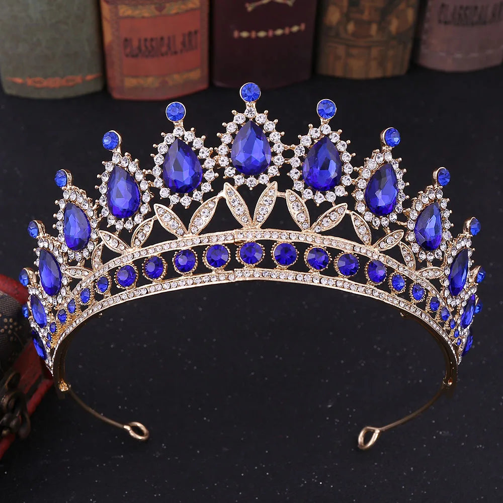 Baroque Gold Color Blue Diadem Rhinestone Crystal Tiaras Bride Headdress Princess Wedding Crown Pageant Hair Jewelry Accessories - EUFASHIONBAGS