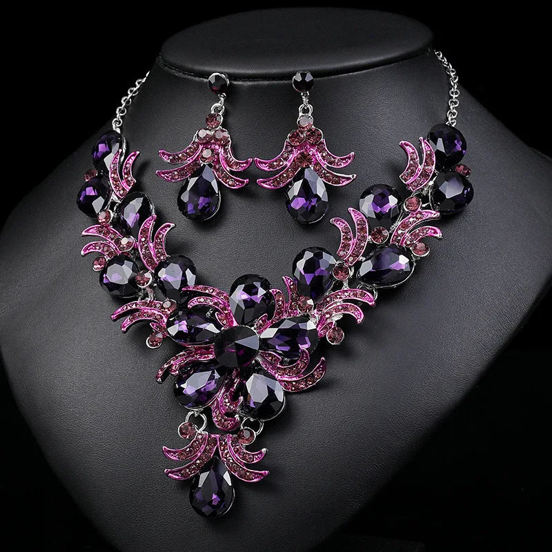 Luxury Purple Crystal Flower Jewelry Sets For Women Wedding Party Accessories Rhinestone Stud Earrings & Necklace Gift - EUFASHIONBAGS