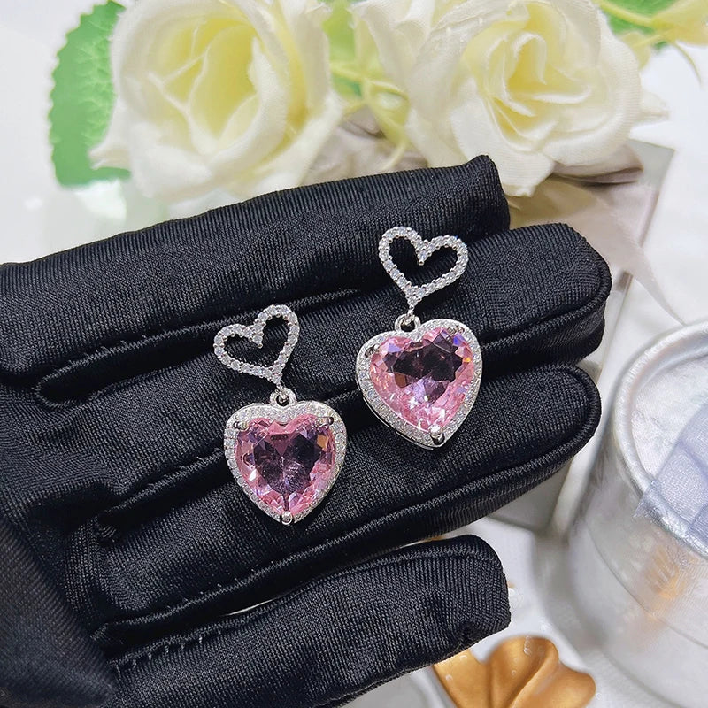 Temperament Heart Pink Cubic Zirconia Earrings for Women Engagement Wedding Trendy Luxury Ear Accessories Fashion Jewelry - EUFASHIONBAGS