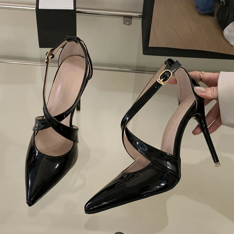 Classic Black Patent Leather Women High Heels Pumps Sexy Pointed Toe Party Stripper Shoes Fashion Buckle Strap Stiletto