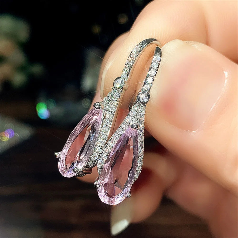 Water Drop Pink Cubic Zirconia Drop Earrings for Women Sparkling Engagement Ear Accessories Temperament Sweet New Jewelry - EUFASHIONBAGS