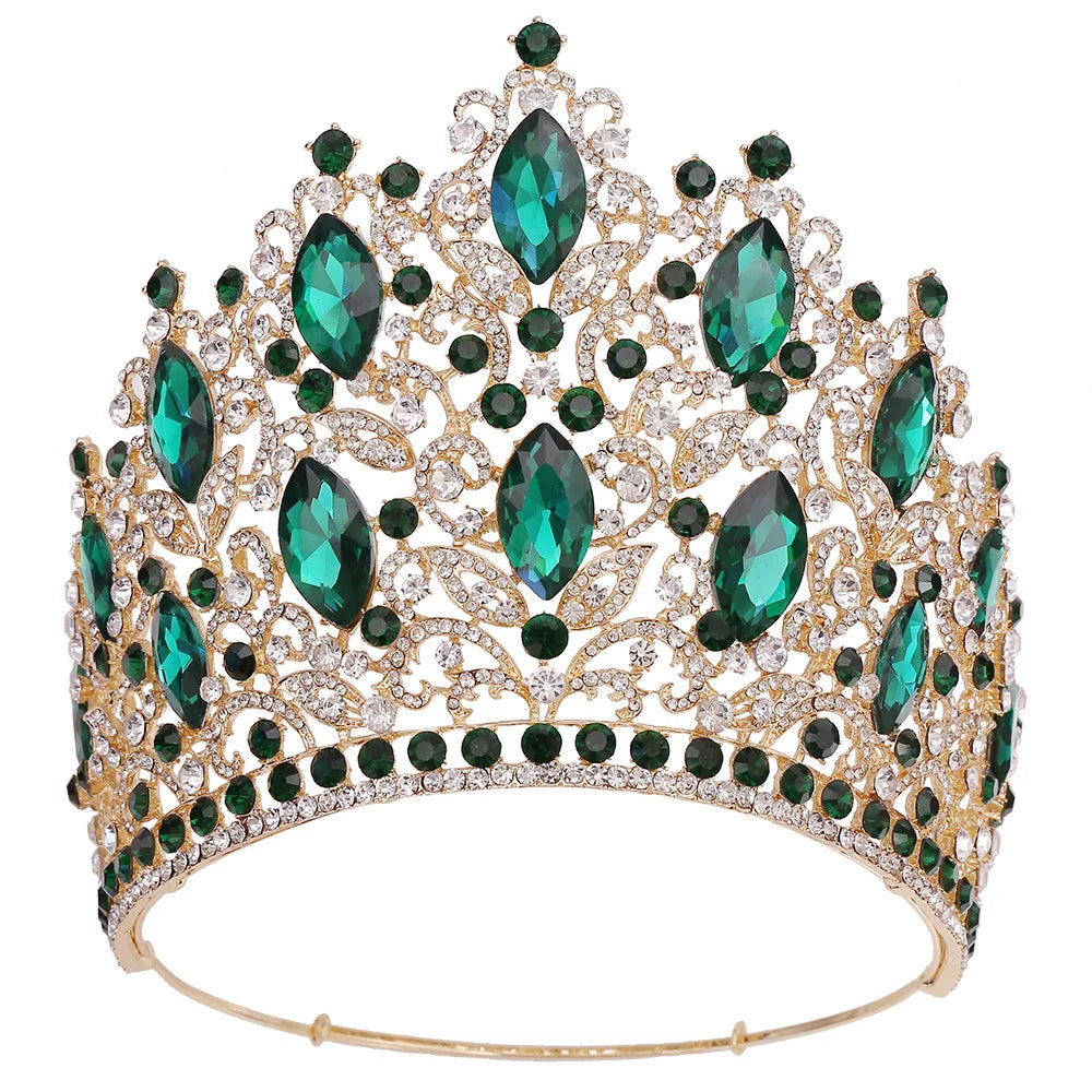 Green Crystal Tiara Round Crown 14cm Height Bridal Headwear Pageant Headdress Party Elegant Diadem Wedding Hair jewelry - EUFASHIONBAGS