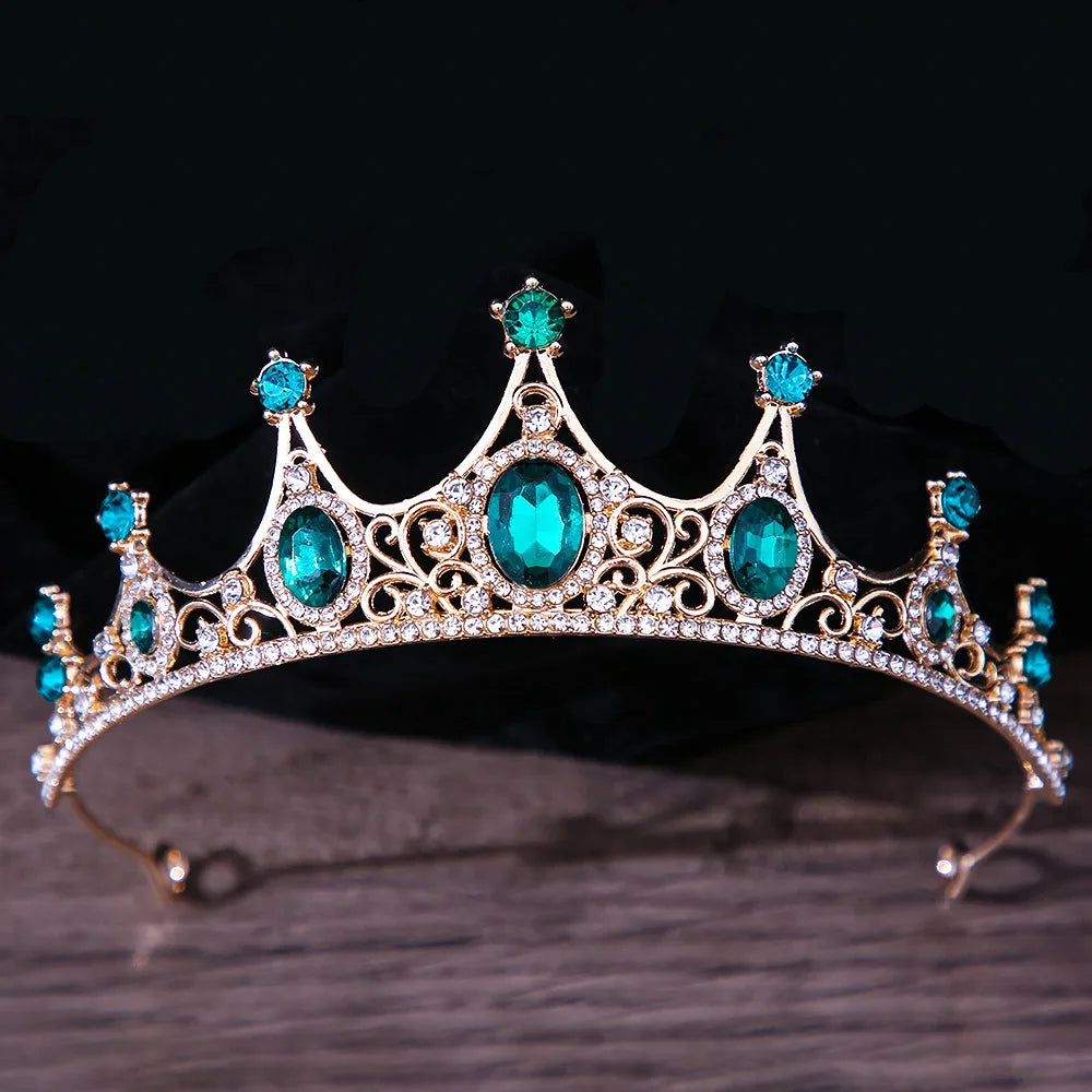 Luxury Green Color Crystal Wedding Crown Bridal Hair Accessories Women Baroque Crown Rhinestones Tiaras Bride Queen Party Crowns - EUFASHIONBAGS