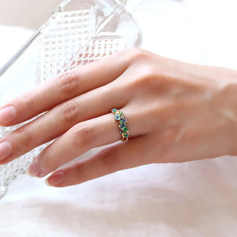 Modern Trendy Female Rings with Blue/Green Cubic Zirconia Luxury Accessories Daily Wear Party Fashion Jewelry for Women