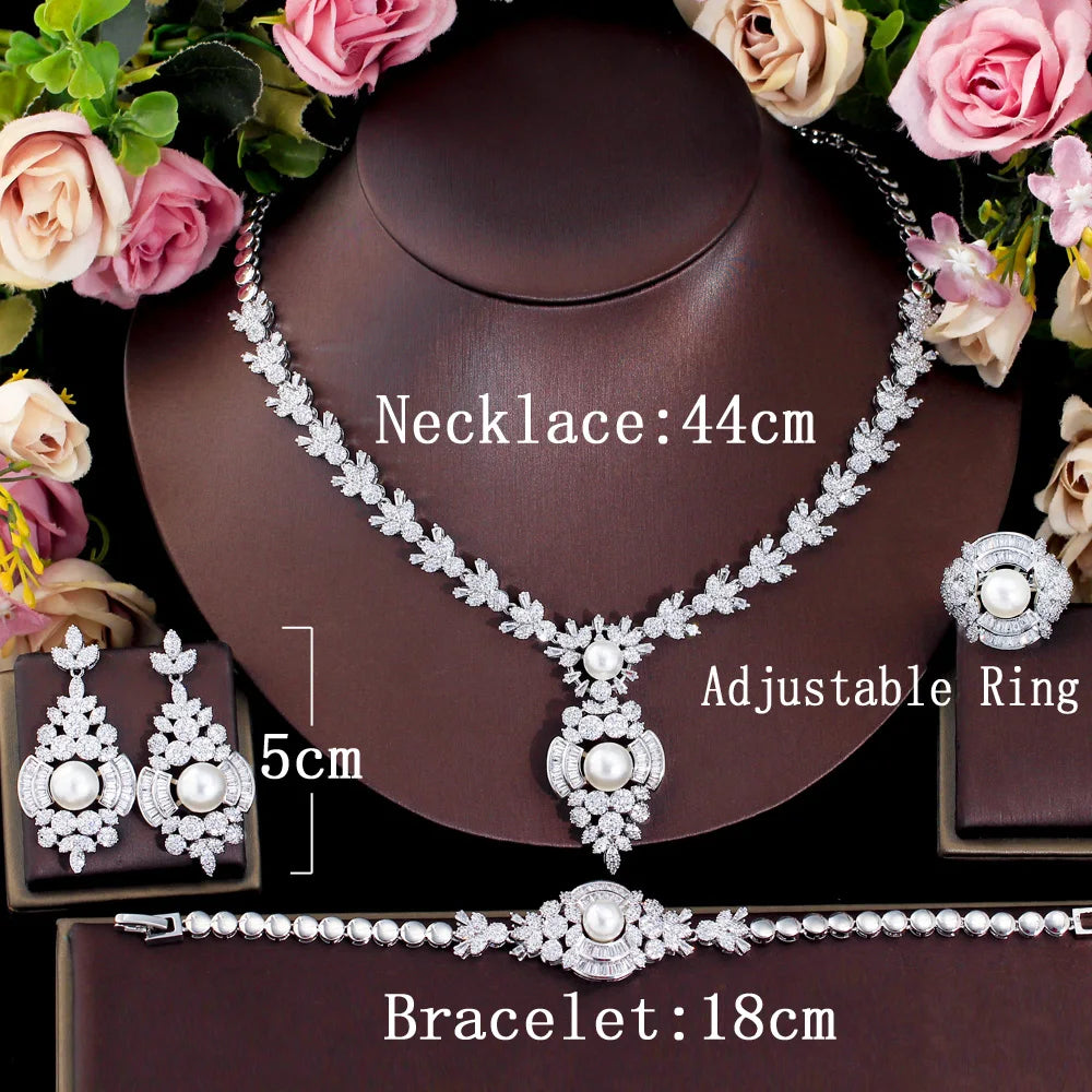 4pcs Cubic Zirconia Luxury White Pearl Necklace Earrings Jewelry Sets for Women Wedding Bridal Party Accessories - EUFASHIONBAGS