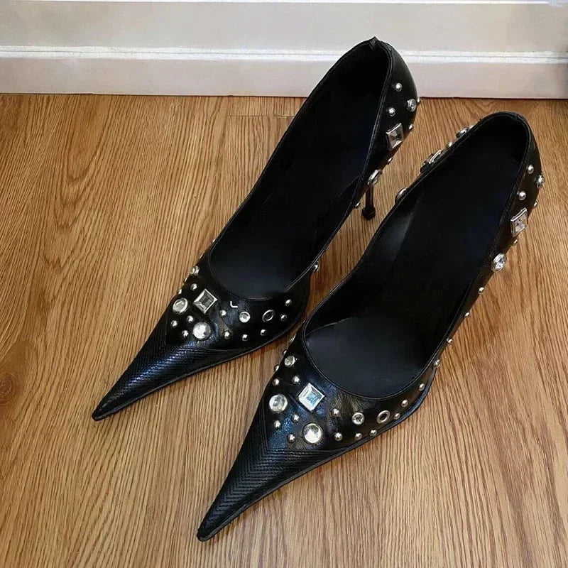 Leopard Sexy Pointed Thin High Heels Women Lace Up Rhinestone Designer Party Dress Shoes Shallow Brand Office Shoes Women Pumps