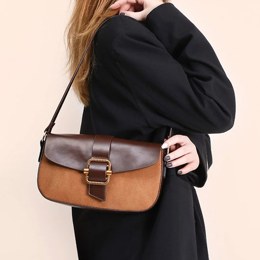 Vintage Women's Bag Suede Leather Patchwork Women Shoulder Bags Changeable Two Shoulder Straps Fashion Crossbody Bag