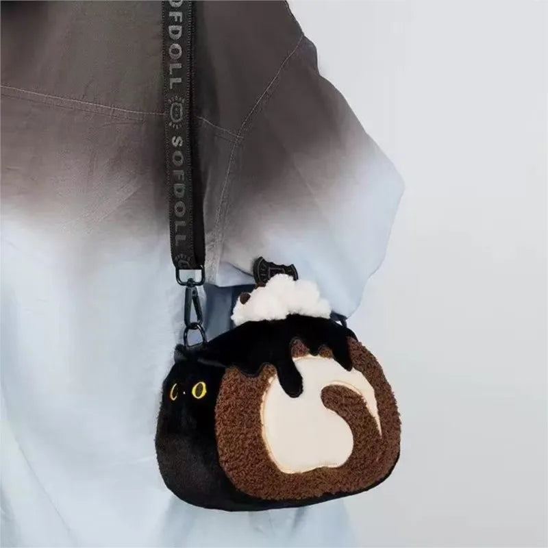 Plush Circular Black Cat Hand Bag Women New Retro Creative Cute Handheld Y2k Messenger Bag Casual Crossbody Bags - EUFASHIONBAGS