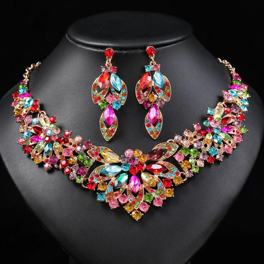 Luxury Exquisite Leaves Colorful Crystal Jewelry Sets For Women Wedding Party Jewelry Accessories Stud Earrings & Necklace Set - EUFASHIONBAGS