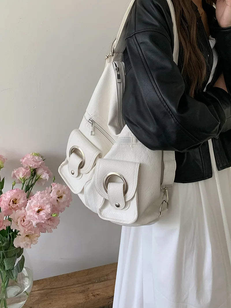 Vintage Grunge Y2k Handbags Women Hot Girls Pockets PU Leather White Backpacks Harajuku Aesthetic Crossbody Bags