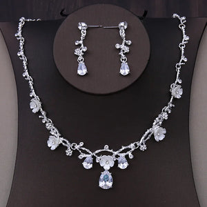 Luxury Silver Color Bridal Jewelry Set Rhinestone Pageant Tiara Crown Necklace Earring Set For Women Bride Wedding Jewelry Set