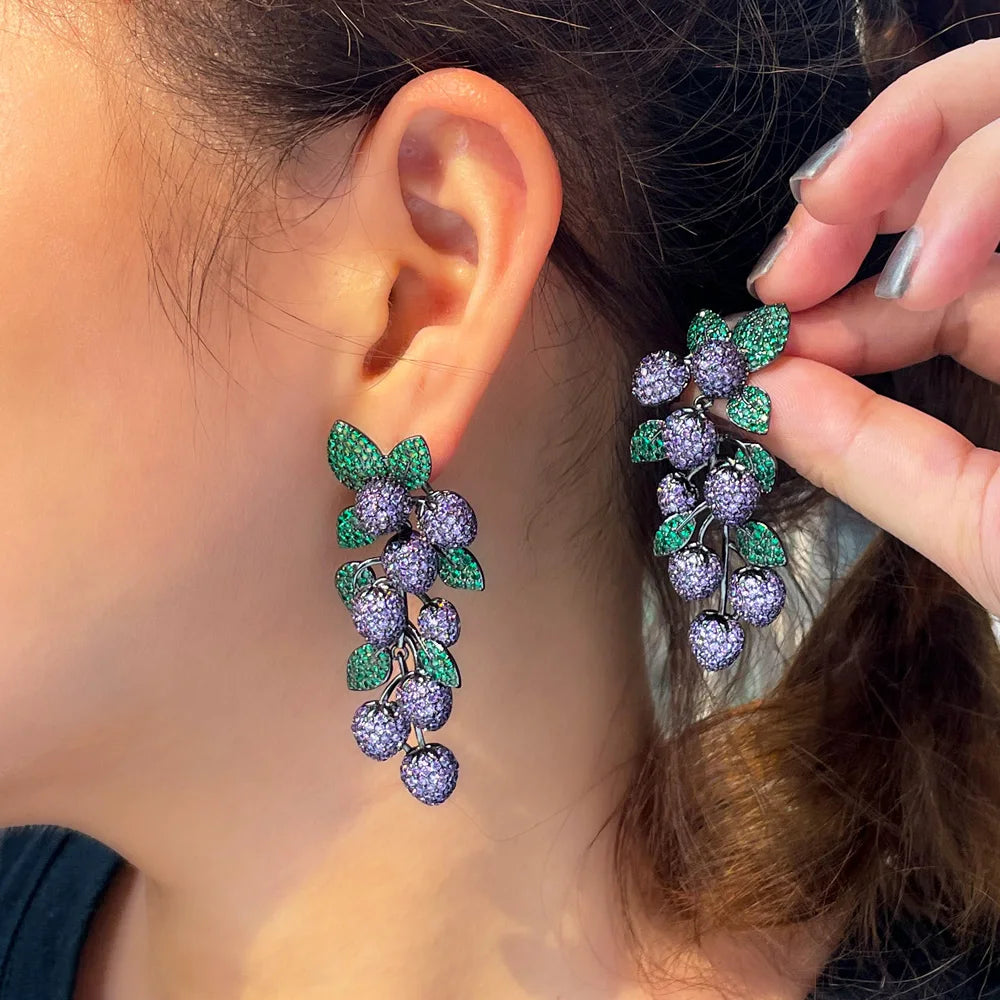 Luxury Micro Pave Purple Green Cubic Zirconia Stone Big Long Dangle Drop Leaf Wedding Party Earrings for Women