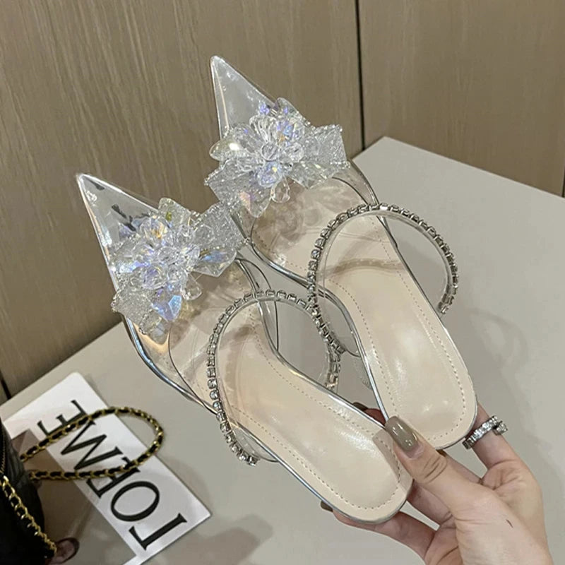 Crystal Flower Transparent High Heels Women Designer Pointed Toe Mules Wedding Prom Shoes PVC Sexy Rhinestone Sandals Ladies