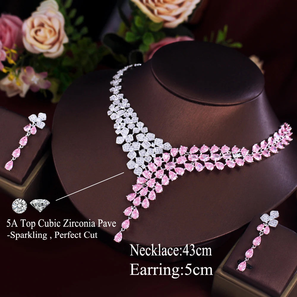 Flower Leaf and Pink Water Drop Cubic Zirconia Luxury Big Necklace Bridal Jewelry Sets for Wedding - EUFASHIONBAGS