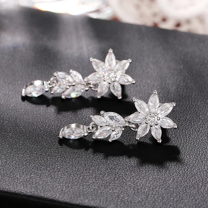 Sparkling Cubic Zirconia Dangle Earrings Women Aesthetic Flower Design Luxury Bridal Wedding Earrings New Fashion Jewelry - EUFASHIONBAGS