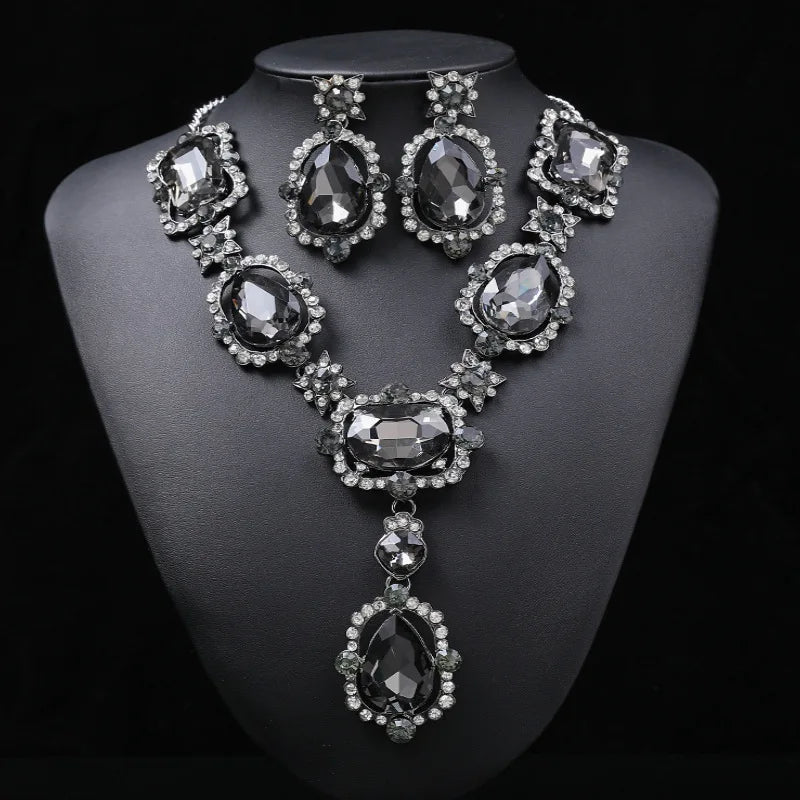 Luxury Big Rhinestone Bridal Jewelry Sets for Women Geometric Crystal Pendant Necklaces Earrings Set Wedding Costume Jewelry Set - EUFASHIONBAGS