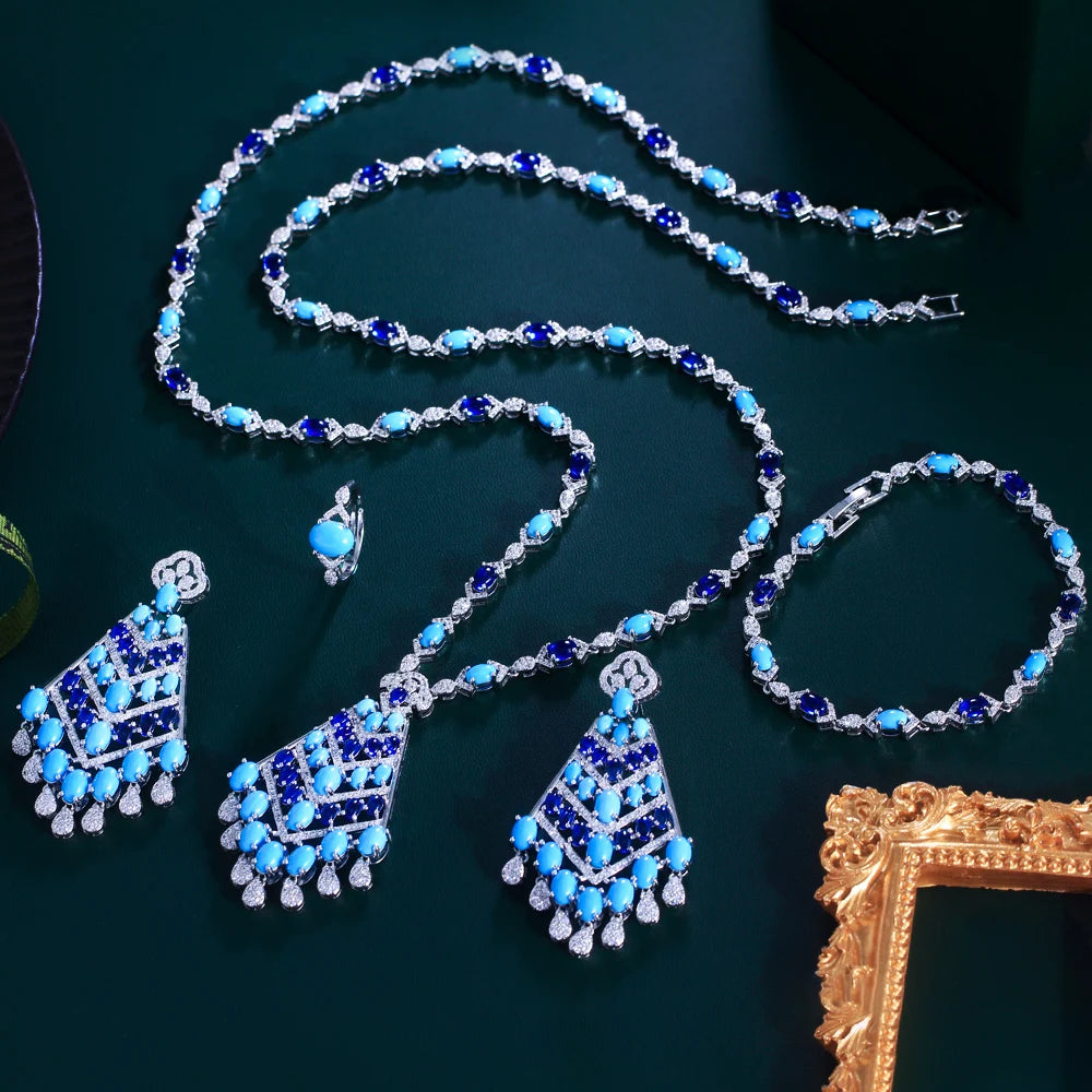 4pcs Elegant Blue Cubic Zirconia Dangling Drop Tassel Long Necklace Women Wedding Party Dubai Bridal Jewelry Set - EUFASHIONBAGS