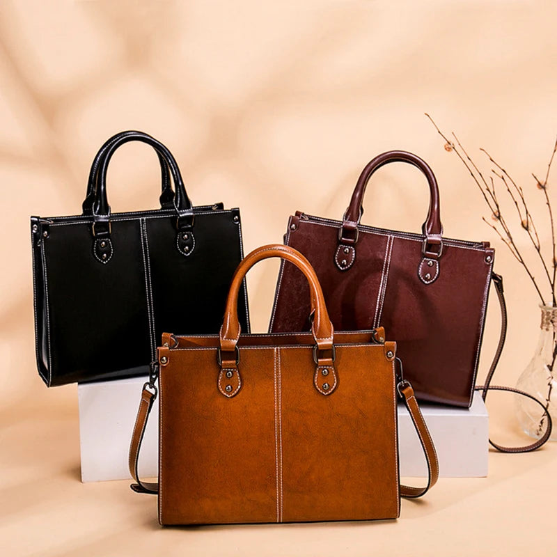 Women's Tote Bag Vintage Cowhide Large Capacity Women Crossbody Shoulder Bags High Quality Genuine Leather Female Handbags