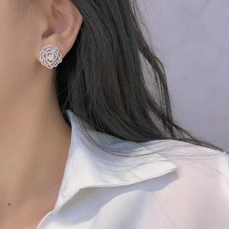 Aesthetic Hollow Flower Stud Earrings New for Women Full Paved Bling Bling CZ Temperament Female Earrings Party Jewelry - EUFASHIONBAGS