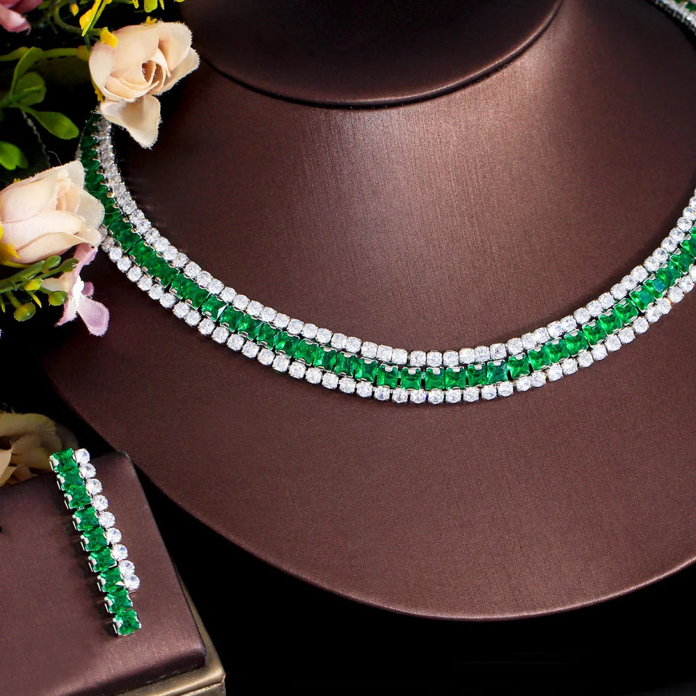 Sparkly Multiple Green Cubic Zirconia Pave Setting 2pcs Bridal Wedding Event Round Necklace Earring Jewelry Sets - EUFASHIONBAGS