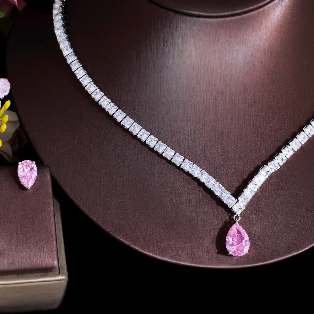 Shiny Pink Cubic Zirconia Water Drop Wedding Engagement Party Necklace Bridal Jewelry Sets Accessories - EUFASHIONBAGS