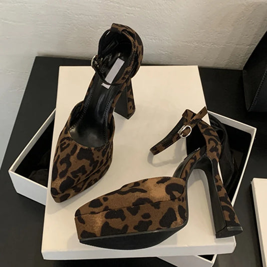 High Heels For Ladies Sandals Leopard Print Platform Pumps Women Sexy Thick Pointed Toe Party Club Stripper Shoes - EUFASHIONBAGS