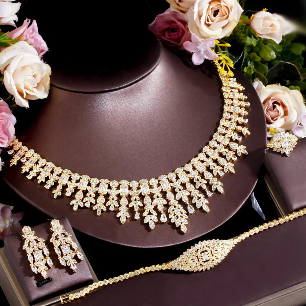 4pcs Full Micro African CZ Luxury Indian Gold Plated Fringed Chandelier Necklace Big Wedding Bridal Jewelry Sets - EUFASHIONBAGS