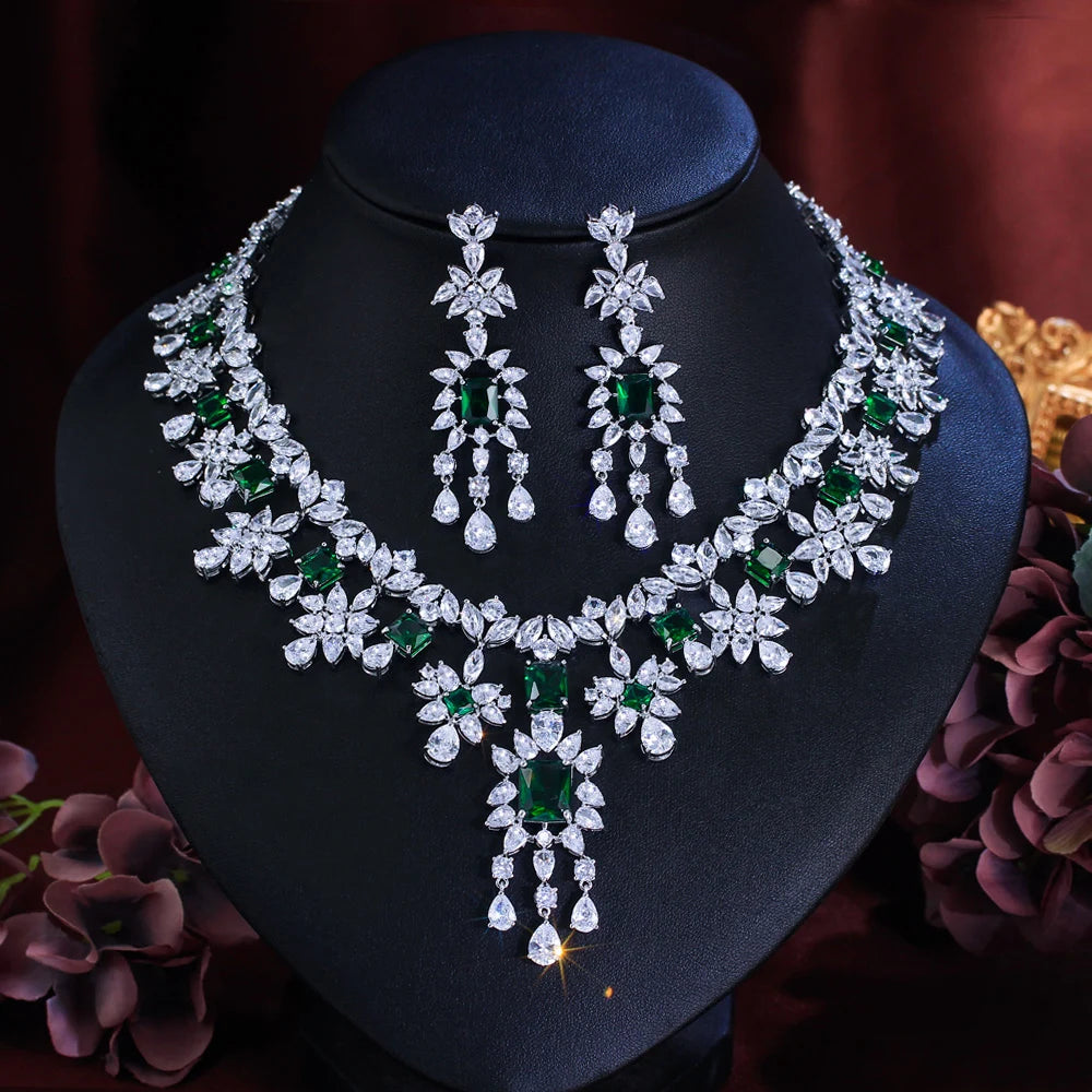 Luxury Dangle Tassel Drop Cubic Zirconia Green Wedding Decor Party Big Necklace Bridal Jewelry Sets for Women - EUFASHIONBAGS