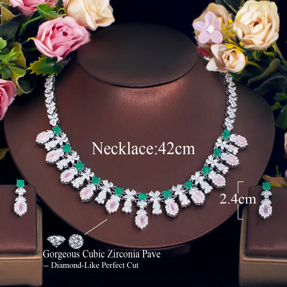 Pink Opal and Cubic Zirconia Setting Flower Bridal Necklace Earring Jewelry Sets for Wedding Accessories - EUFASHIONBAGS