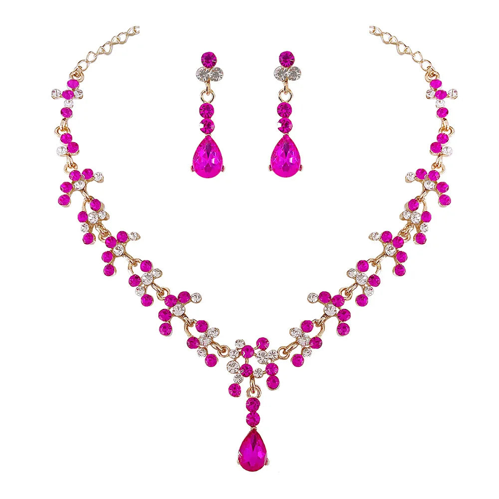 Baroque Pink Purple Crystal Bridal Wedding Jewelry Sets Women Gold Color Rhinestone Necklace Long Earrings Set Dress Accessories - EUFASHIONBAGS