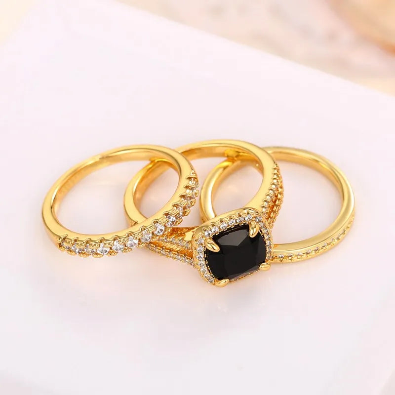 Cushion Black Cubic Zirconia Set Rings Luxury 3Pcs Accessories for Women Modern Design Wedding Fashion Jewelry - EUFASHIONBAGS