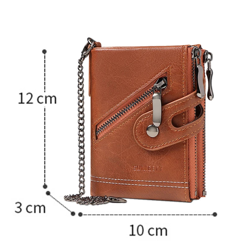 Retro Style Wallet Men Metal Chain Anti Theft PU Leather Bifold Zipper Wallet Credit Card Storage Bag Business Card Holder