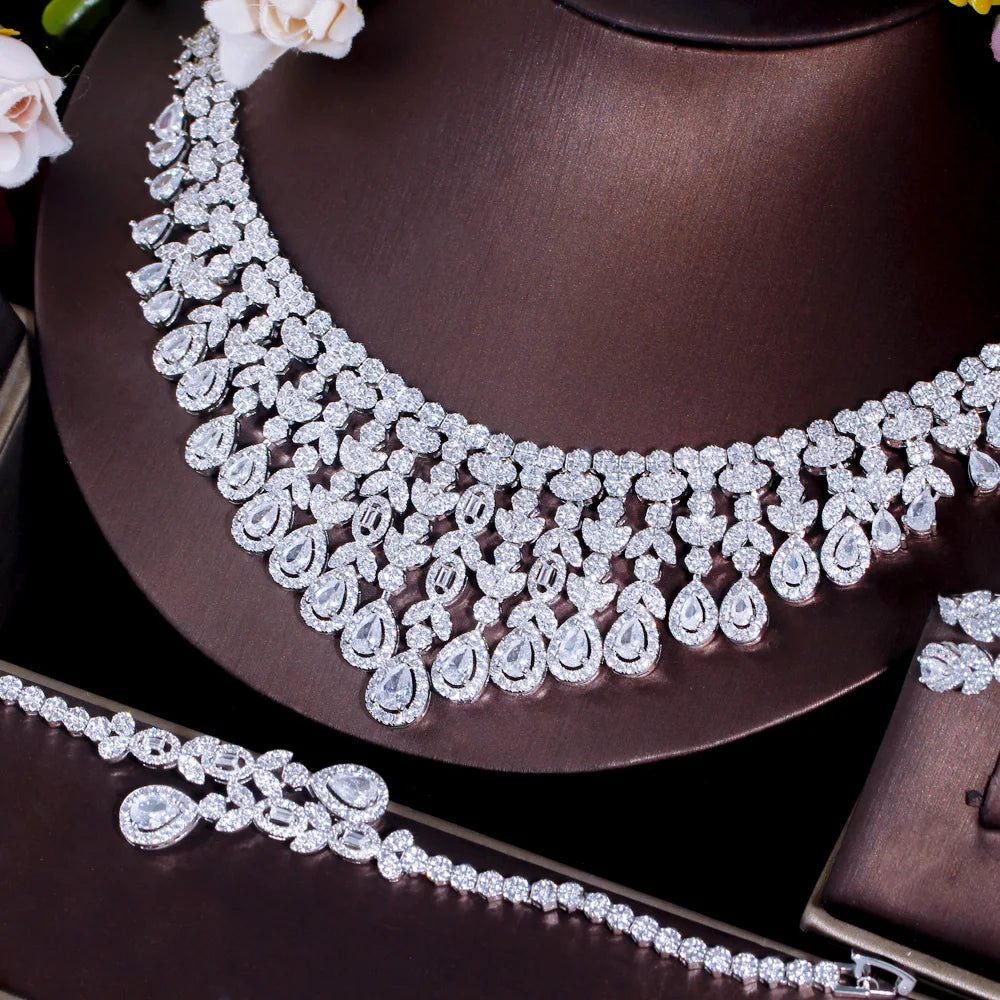 Super Luxury Tassel Leaf Drop Big Chunky Wedding Necklace Dubai White Gold Plated 4pcs Jewelry Sets for Brides T647