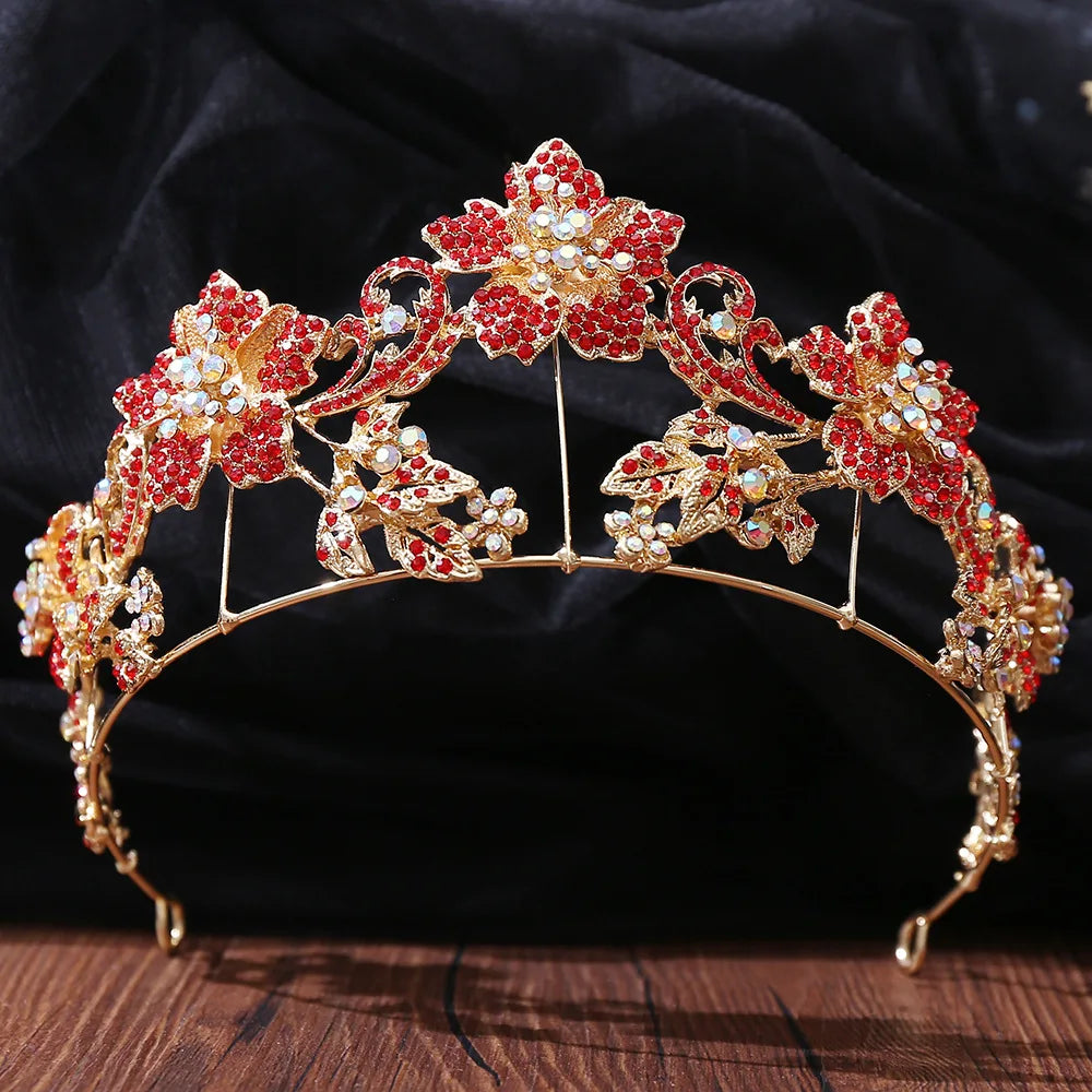 Baroque Gold Color Red Crystal Bridal Tiaras Crowns Rhinestone Pageant Diadem Women Headpieces Wedding Hair Accessories Jewelry