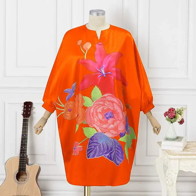 Plus Size 5XL Women Bohemian Sundress 2024 Autumn Floral Printed Elegant Midi Dress 3/4 Bat Sleeve Casual Loose Retro Robe - EUFASHIONBAGS