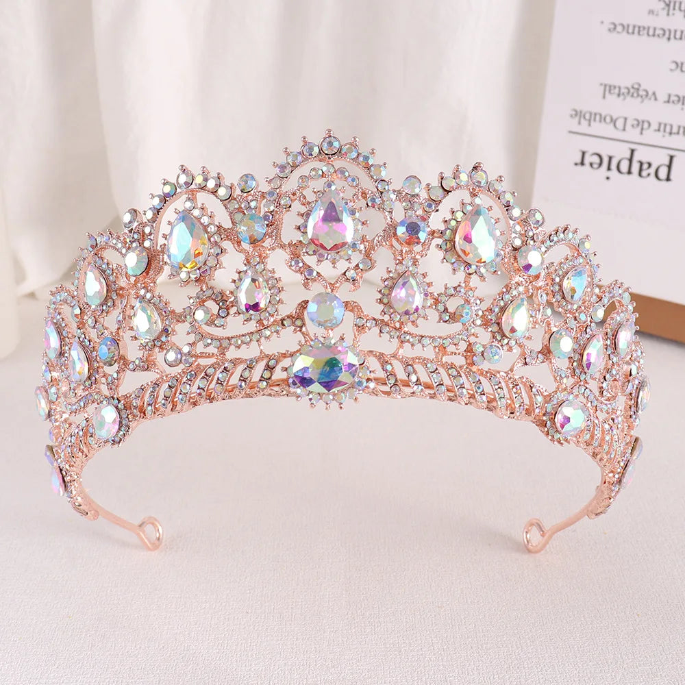 Rose Gold AB Color Rhinestone Wedding Crown Crystal Bridal Hair Accessories Women Tiaras Baroque Headband Queen Diadem Headwear - EUFASHIONBAGS