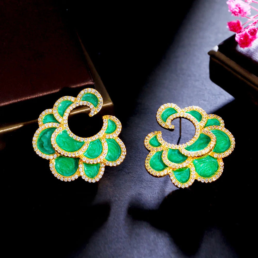 Geometric Multiple Green Enamel Flower Gold Plated Cubic Zircon Big Drop Chic Retro Wedding Earrings for Women - EUFASHIONBAGS