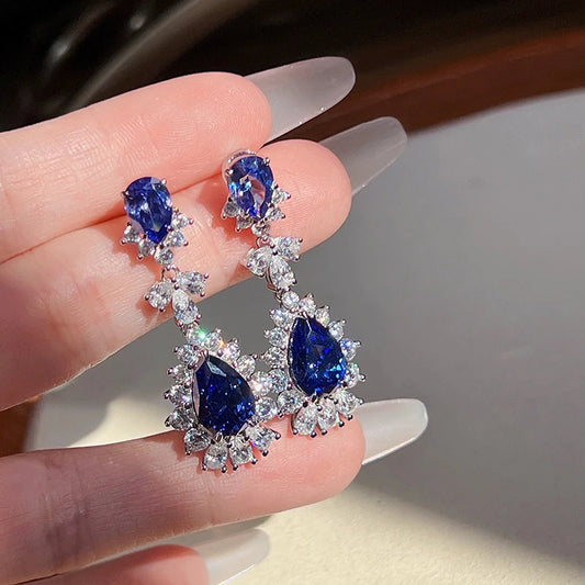 Blue Waterdrop CZ Dangle Earrings for Women Noble Bridal Wedding Earrings Luxury Fashion Female Jewelry Party