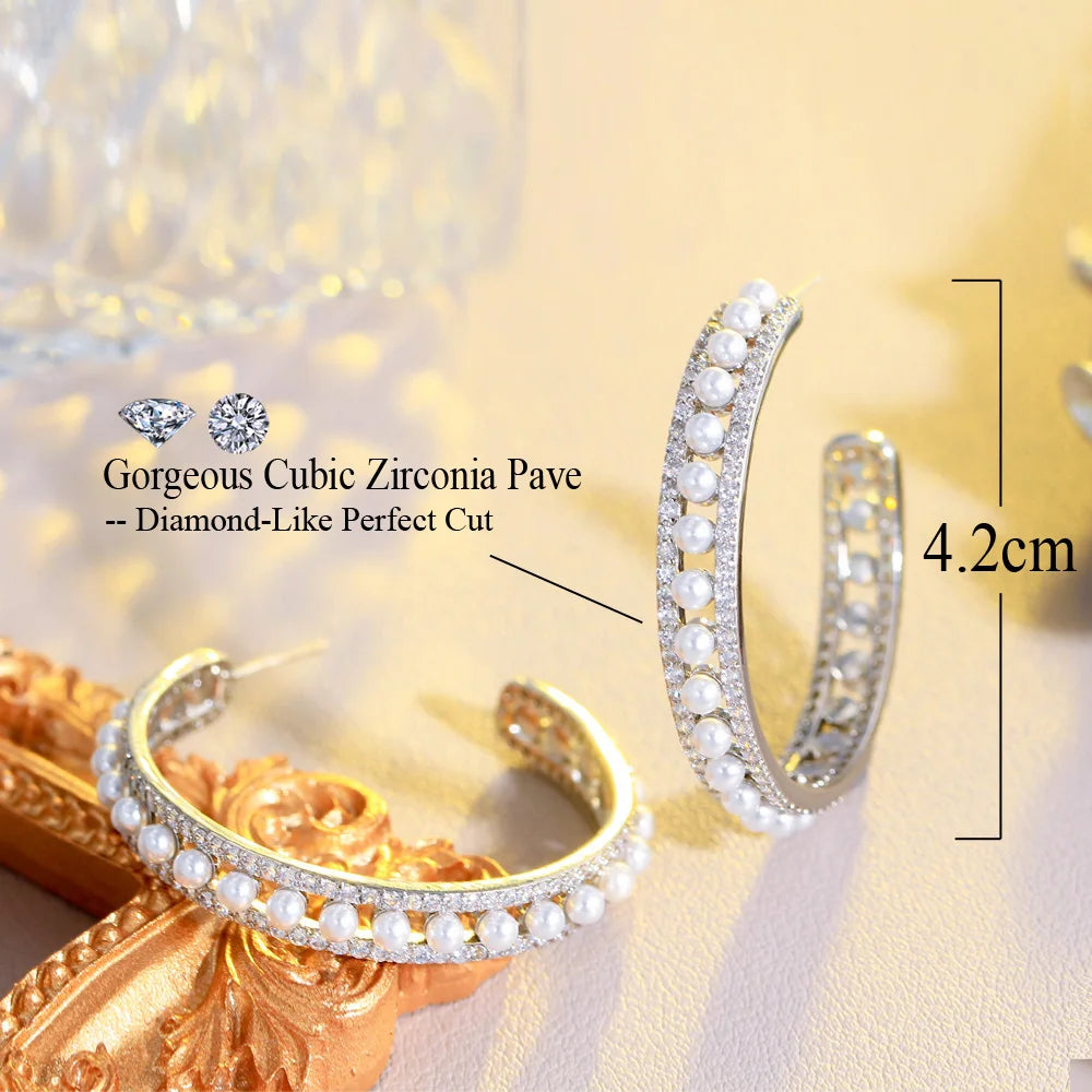 Bling Cubic Zirconia Long Big Half Round Pearl Hoop Earrings for Women Trendy Engagement Wedding Jewelry