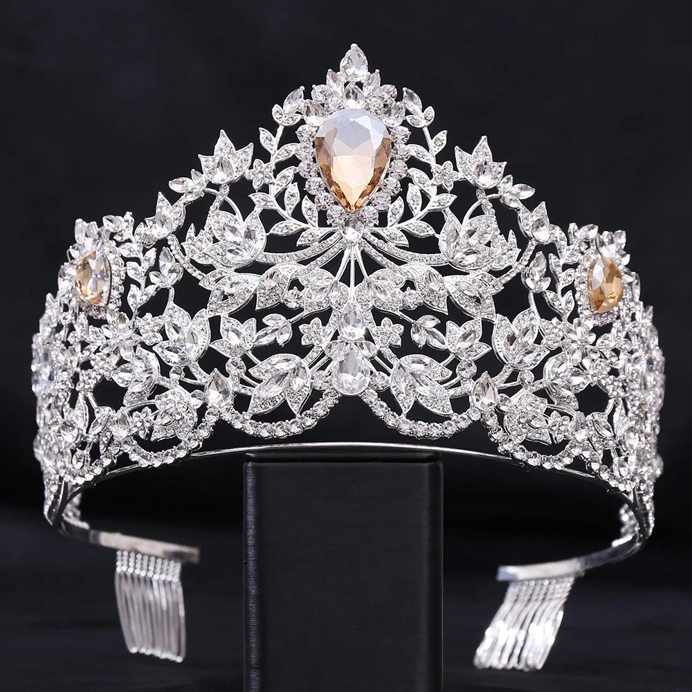 Baroque European Big Luxury Crystal Bride Wedding Crown Large Rhinestone Drop Queen Tiara Party Show Hair Jewelry Accessory Gift